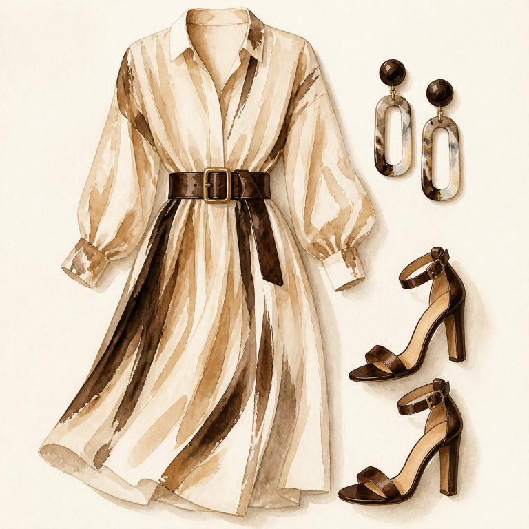 Watercolor flat-lay of the Belted Definition outfit for the rectangle body shape