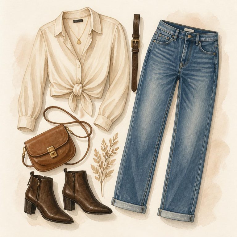 Watercolor flat-lay of a jeans and blouse outfit for the hourglass body shape, the Belted Denim look