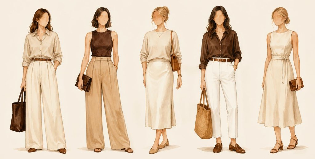Watercolor illustration of five women in different outfits representing the hourglass, pear, apple, rectangle and inverted triangle body shapes