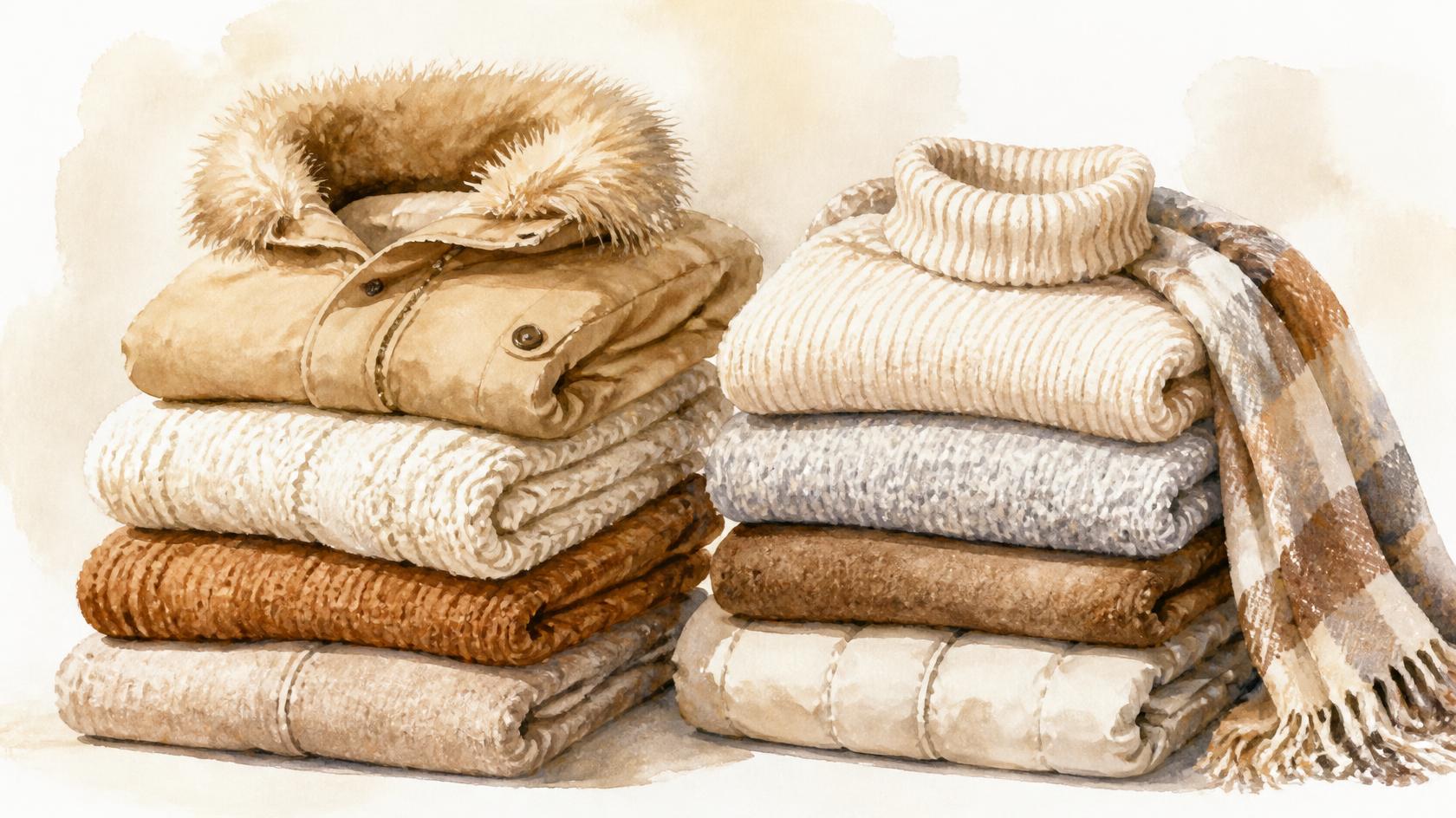 Watercolor illustration of neatly folded sweaters and coats in warm neutral tones