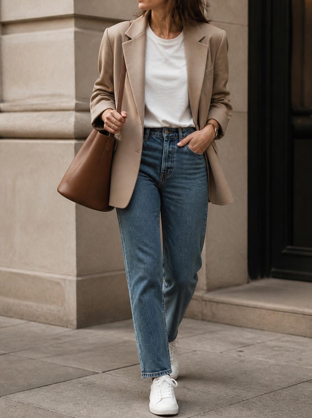 Woman wearing a beige blazer over a white T-shirt with straight-leg jeans and white sneakers