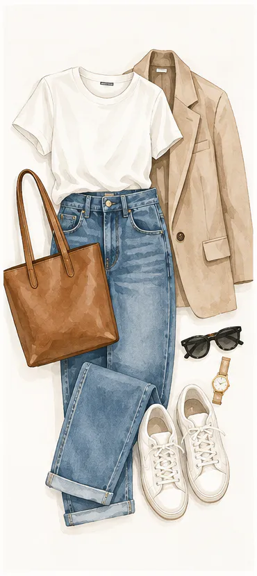 Watercolor illustration of a jeans, white T-shirt and structured blazer outfit with a tote bag and sneakers