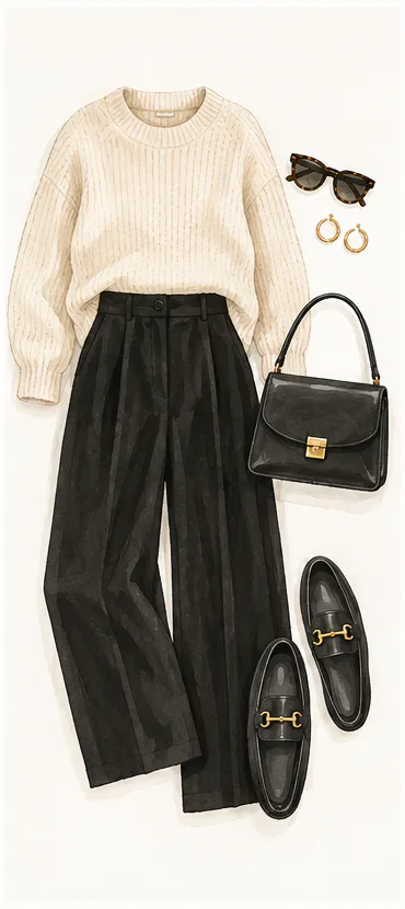 Watercolor illustration of a tailored trousers and knitwear outfit with a top-handle bag and loafers