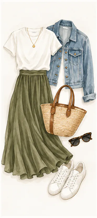 Watercolor illustration of a midi skirt, simple top and denim jacket outfit with a woven tote and sneakers