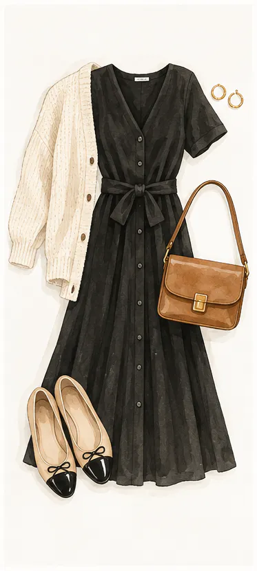 Watercolor illustration of a simple dress, cardigan and flat shoes outfit with a shoulder bag