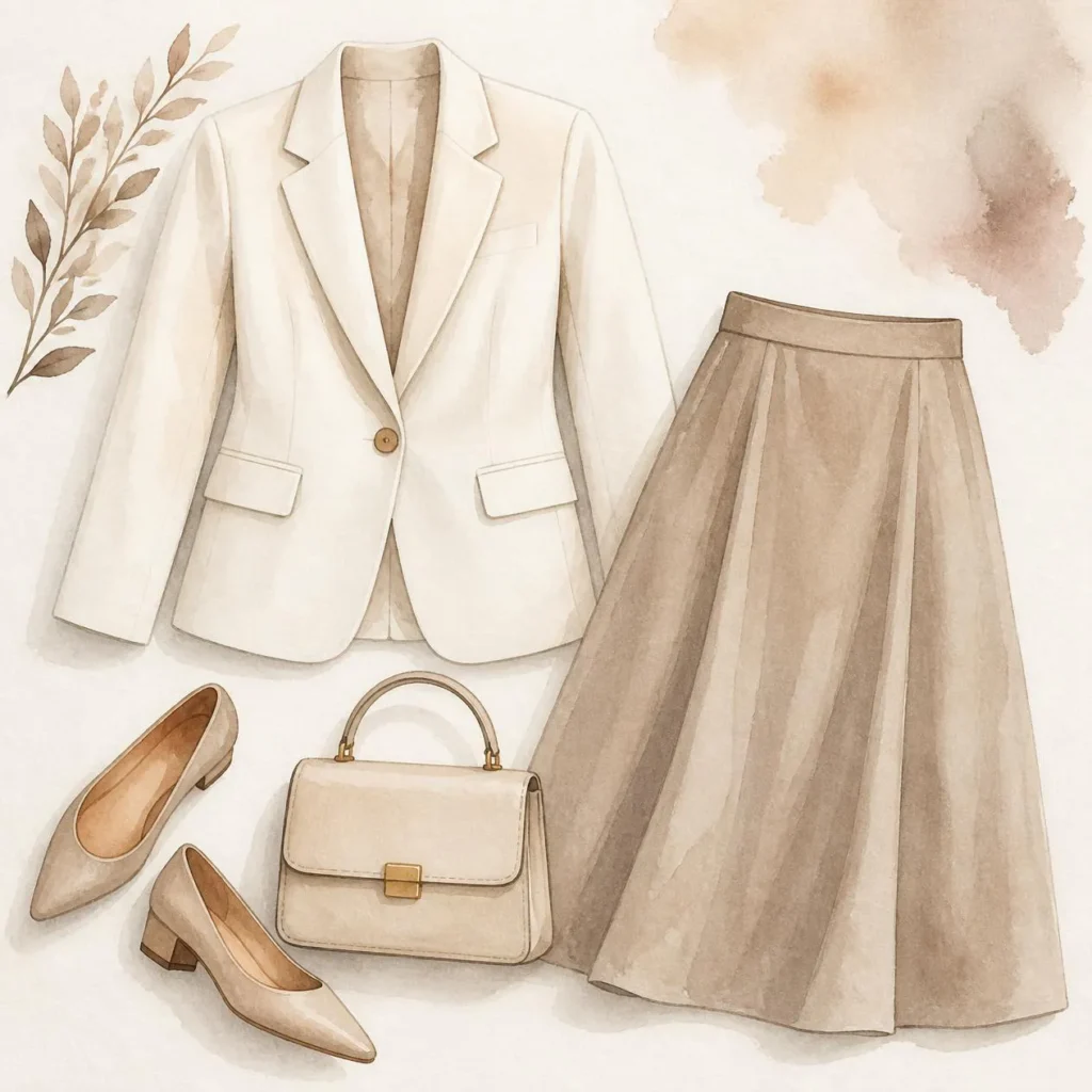 Watercolor flat-lay of a workday outfit
