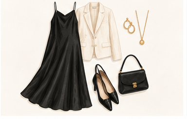 Date night outfit formula: simple dress, layer and flats