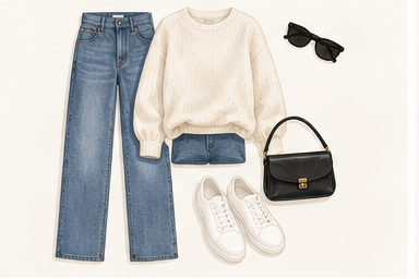 Travel outfit formula: relaxed trousers, simple top and cardigan