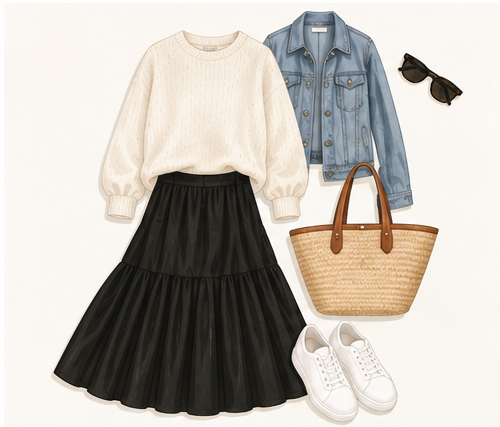 Travel outfit formula: midi skirt, knit top and comfortable flats