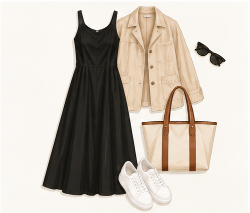 Travel outfit formula: simple dress with jacket and sneakers