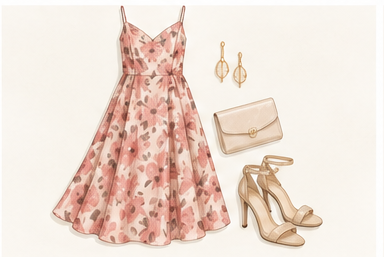 Wedding guest outfit formula: midi dress, layer and elegant flats