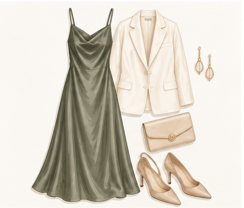 Wedding guest outfit formula: slip-style dress with blazer and low heel