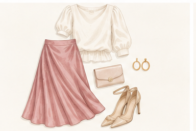 Wedding guest outfit formula: midi skirt, refined top and heeled sandal