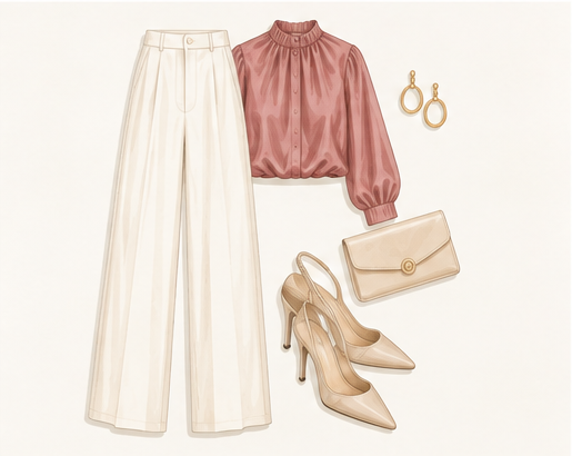 Wedding guest outfit formula: tailored trousers, statement top and polished shoe