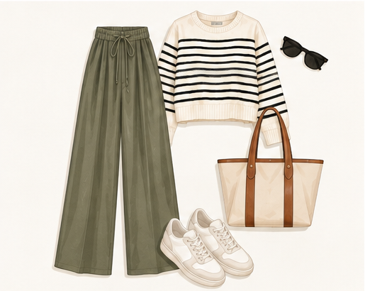 Weekend outfit formula: relaxed trousers, knit top and sneakers