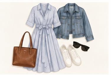 Weekend outfit formula: simple dress, casual layer and flats