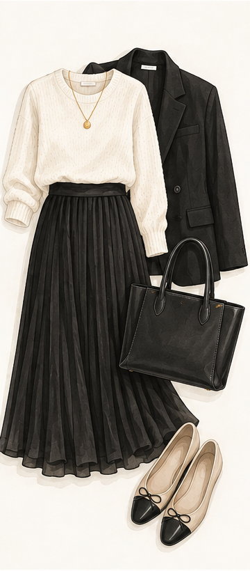 Work outfit formula: midi skirt, knit and structured layer