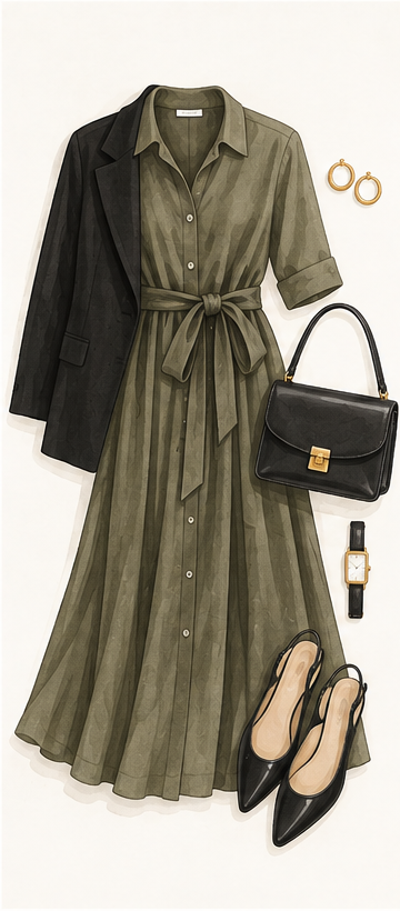 Work outfit formula: simple dress, blazer and polished flats