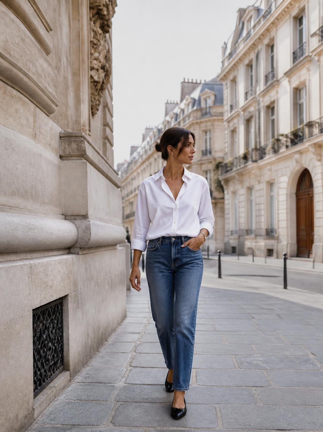 Woman in a white button-down shirt, straight-leg blue jeans and black ballet flats walking on a Paris street