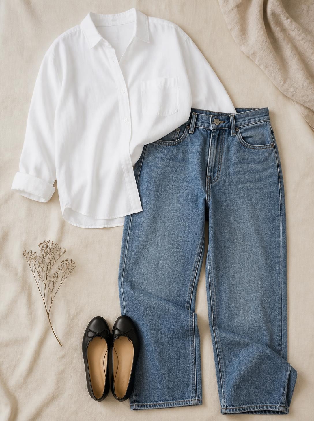 Flatlay of a white button-down shirt, straight-leg blue jeans and black ballet flats on a cream linen surface