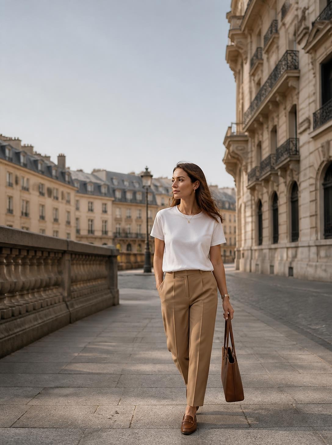 Woman in a white t-shirt and camel tailored trousers walking on a city bridge