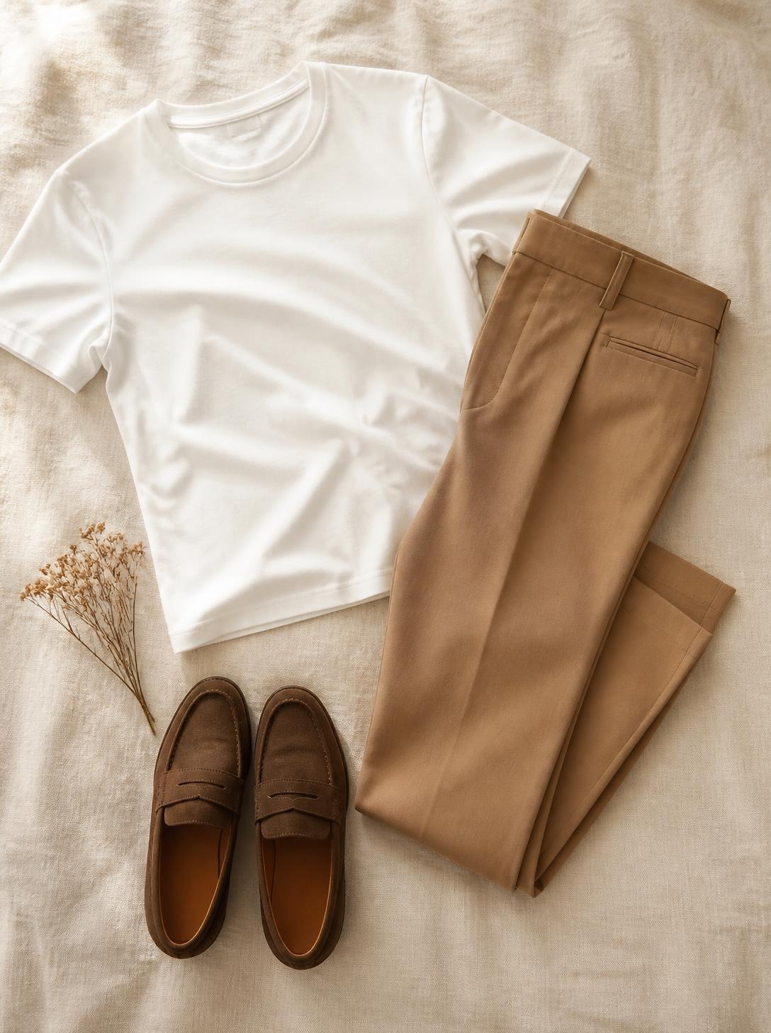 Flatlay of a white t-shirt, camel tailored trousers and brown loafers on a cream background