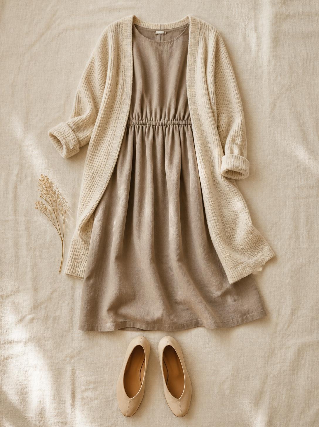 Flatlay of a neutral midi dress and oatmeal cardigan on a cream linen surface