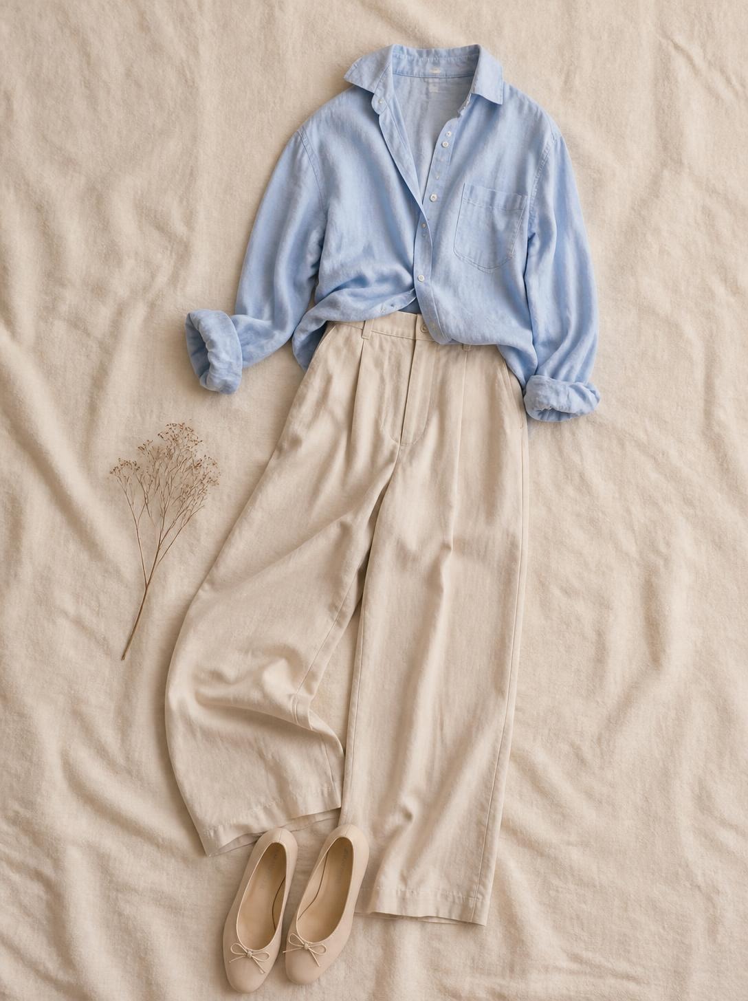 Flatlay of a light-blue shirt and beige wide-leg trousers on a soft beige surface