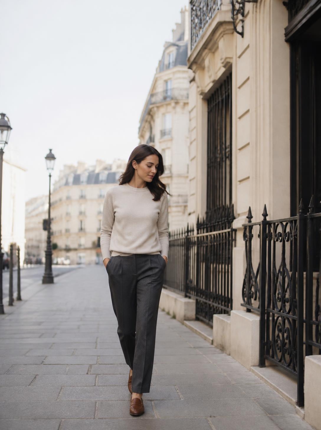 Woman in a cream fine-knit sweater and charcoal trousers standing beside a black railing in Paris