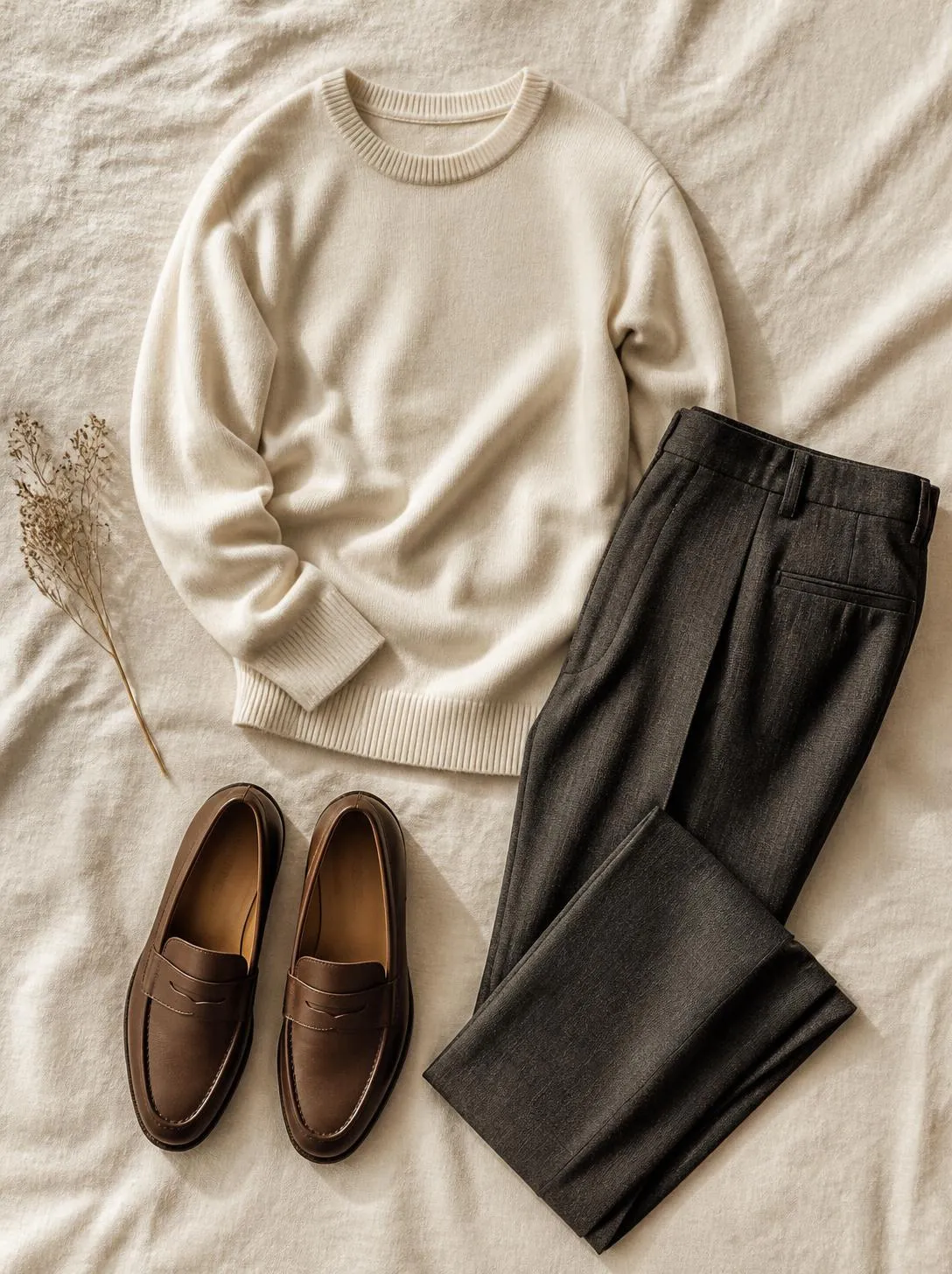 Flatlay of a cream fine-knit sweater, charcoal tailored trousers and brown loafers