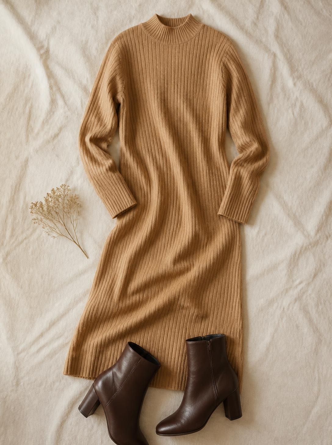 Flatlay of a camel ribbed knit dress on a soft cream background