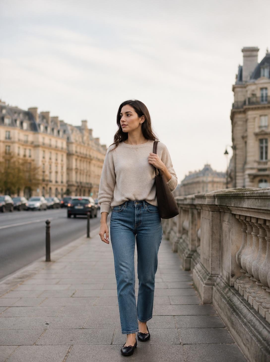 Woman in an oatmeal fine-knit top and straight-leg jeans carrying a tote on a Paris street