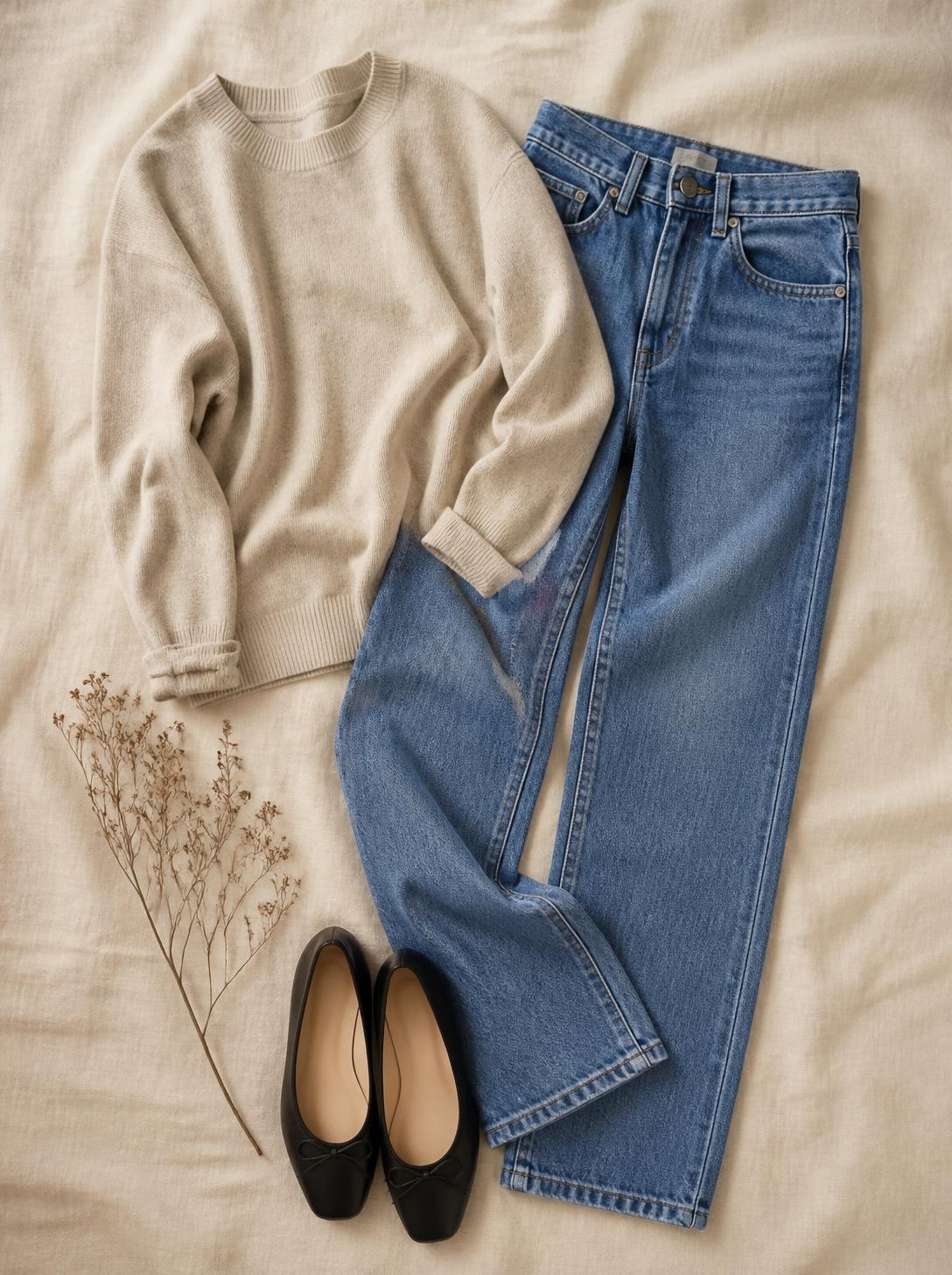 Flatlay of straight-leg jeans, an oatmeal fine knit and black ballet flats on a cream linen background