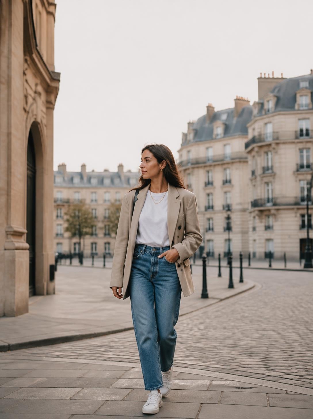 Woman in a beige coat, white t-shirt and blue jeans walking on a Paris street