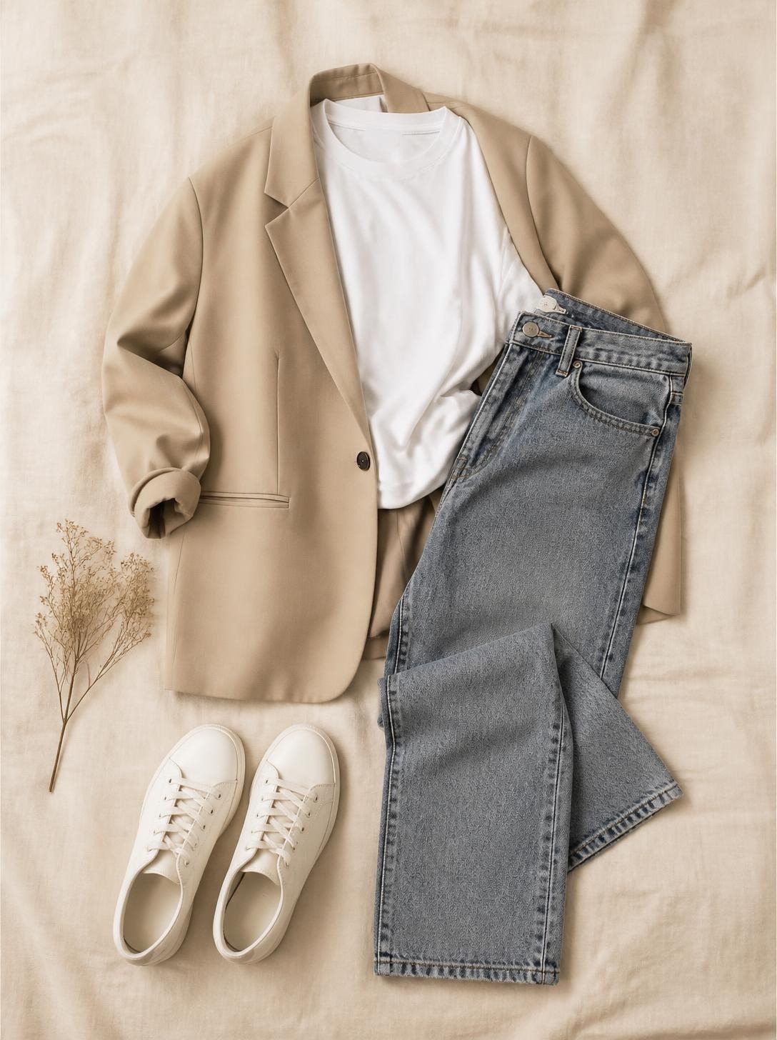 Flat lay of a blazer, white T-shirt, jeans and sneakers
