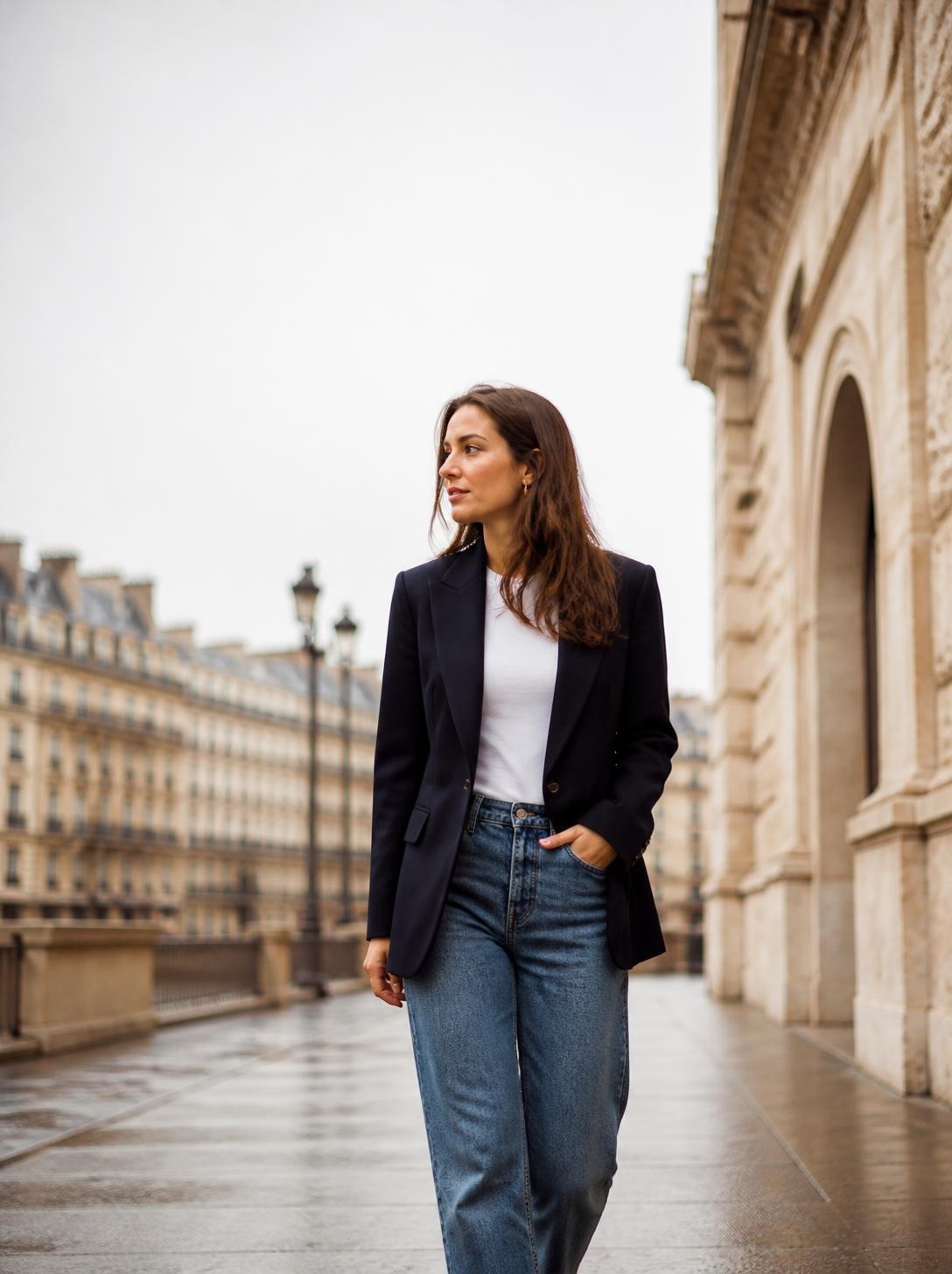 Woman in a dark blazer and jeans walking along a Paris street