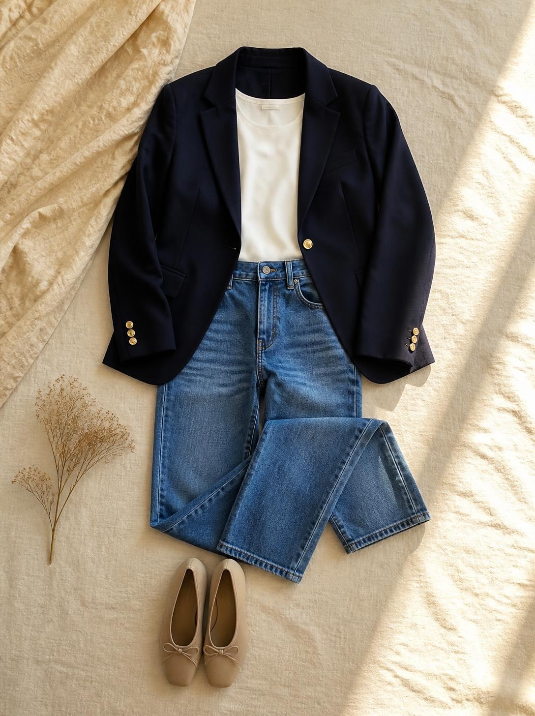 Flatlay of a navy tailored blazer, a white top and straight-leg jeans on a cream linen surface