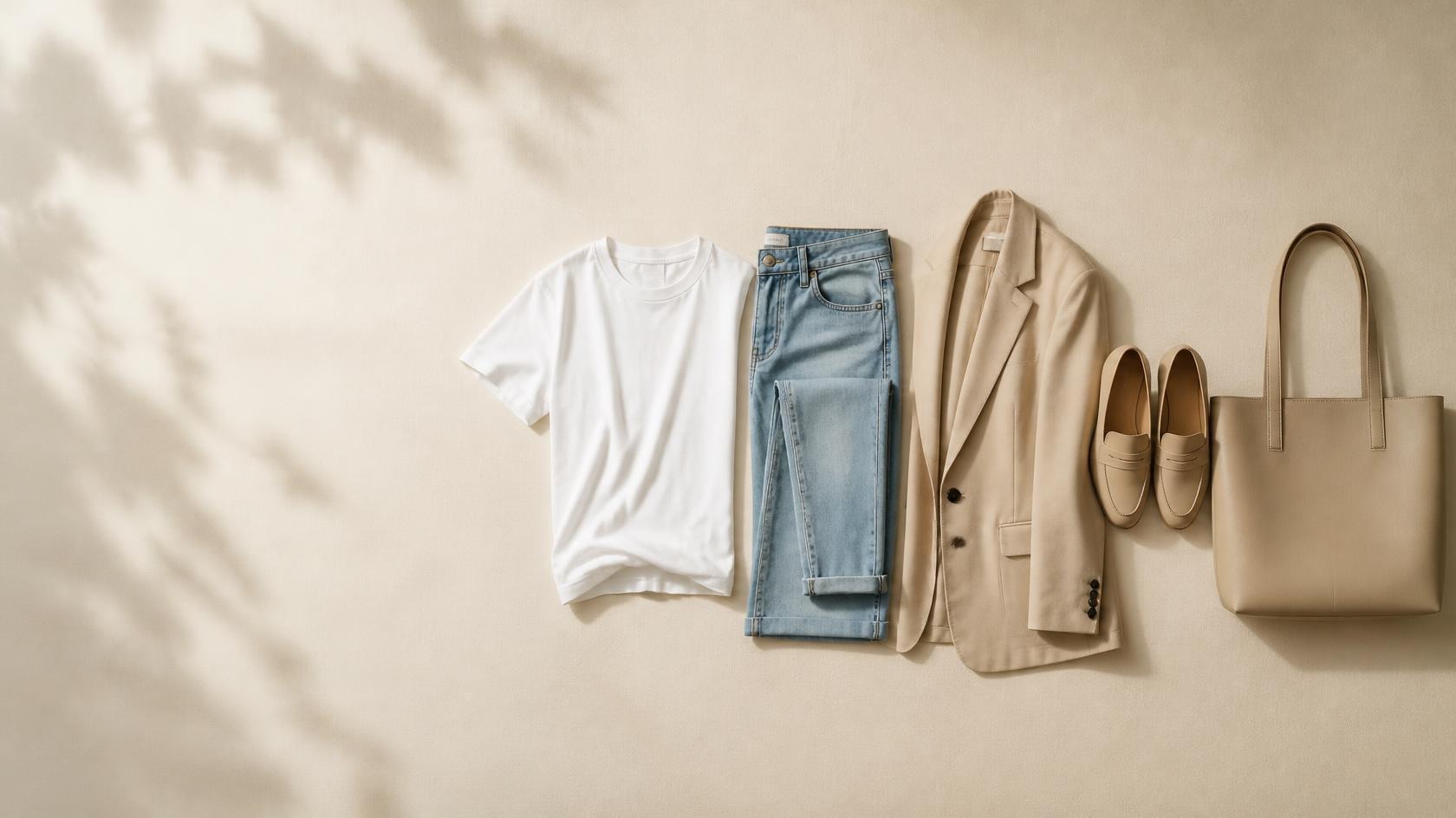 Flat lay of a T-shirt, jeans, blazer, loafers and tote bag