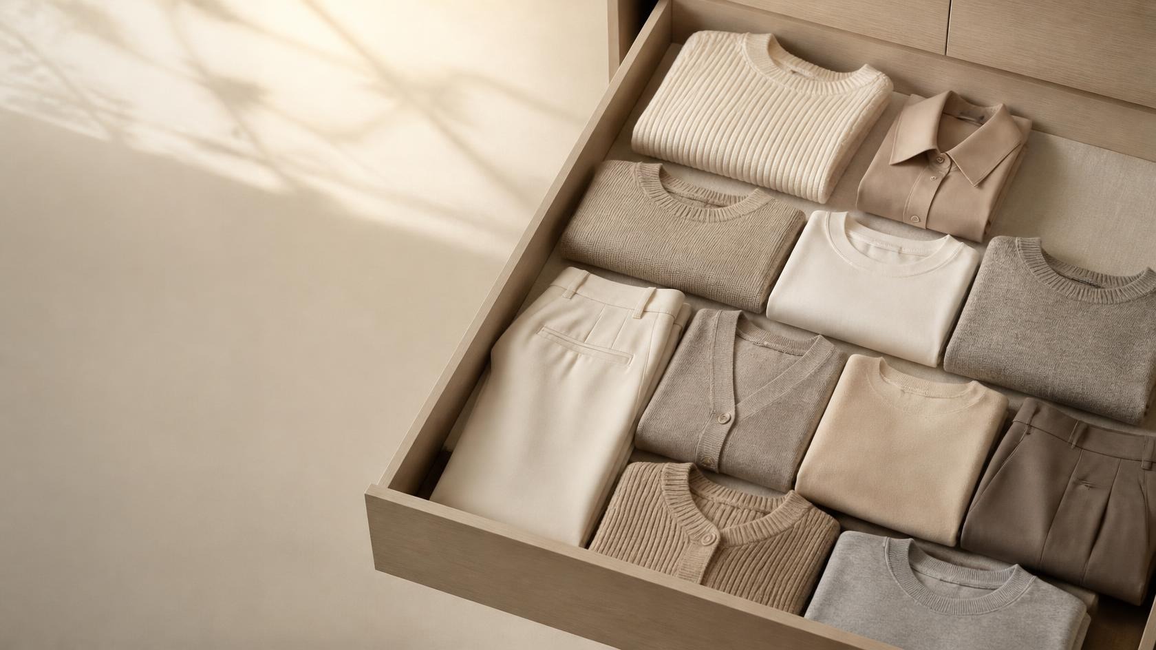 Drawer of folded neutral knits and tops