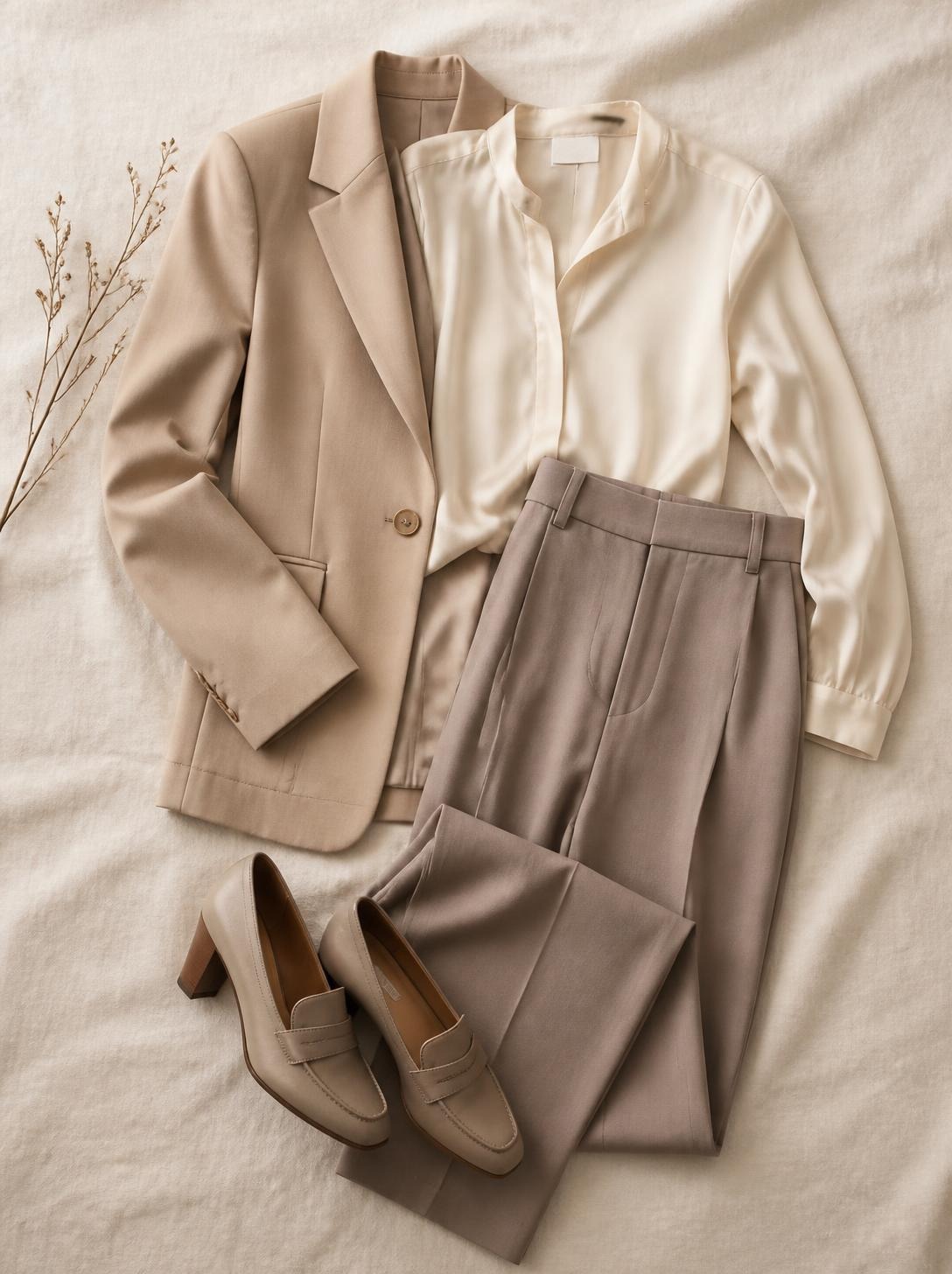 Flatlay of a tailored blazer, a silk-look blouse, straight trousers and heeled loafers on a warm cream linen surface