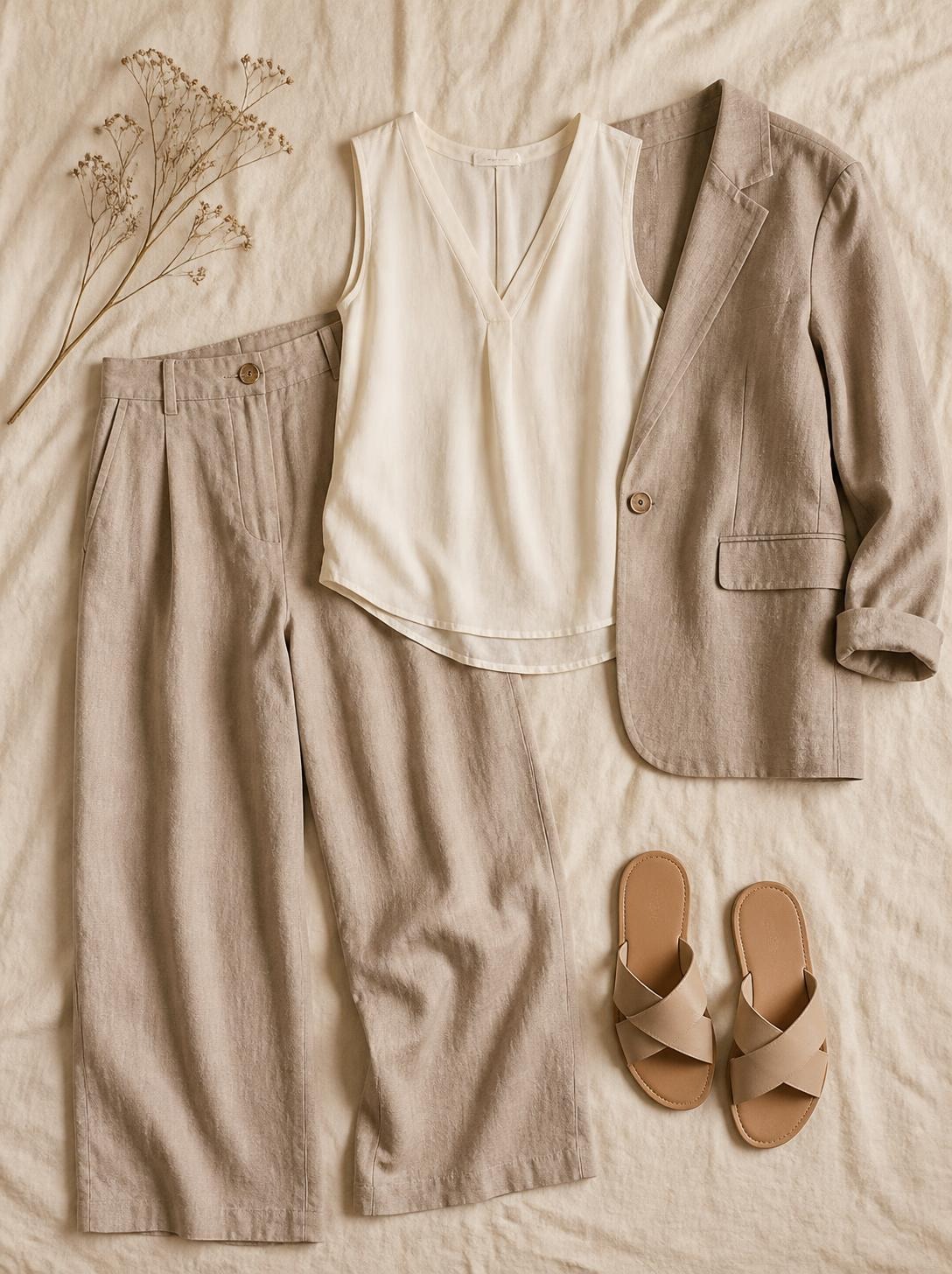 Flatlay of linen trousers, a sleeveless blouse, a blazer and flat sandals on a warm cream linen surface
