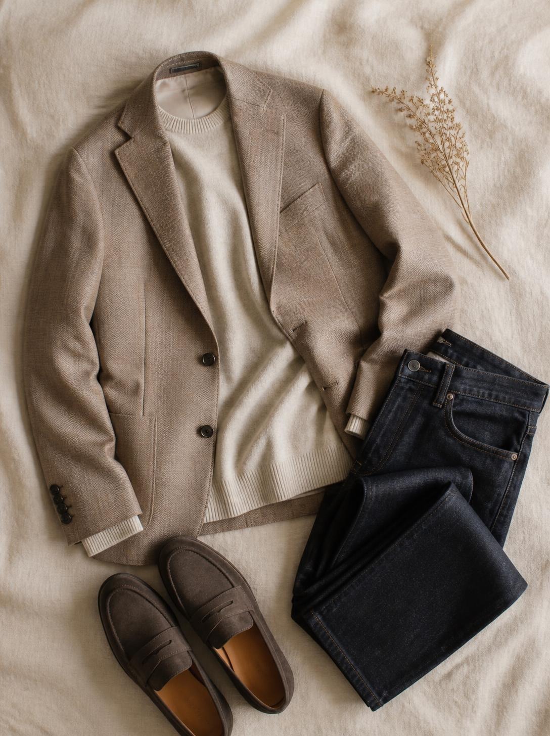 Flatlay of a blazer, a fine knit, dark jeans and loafers on a warm cream linen surface