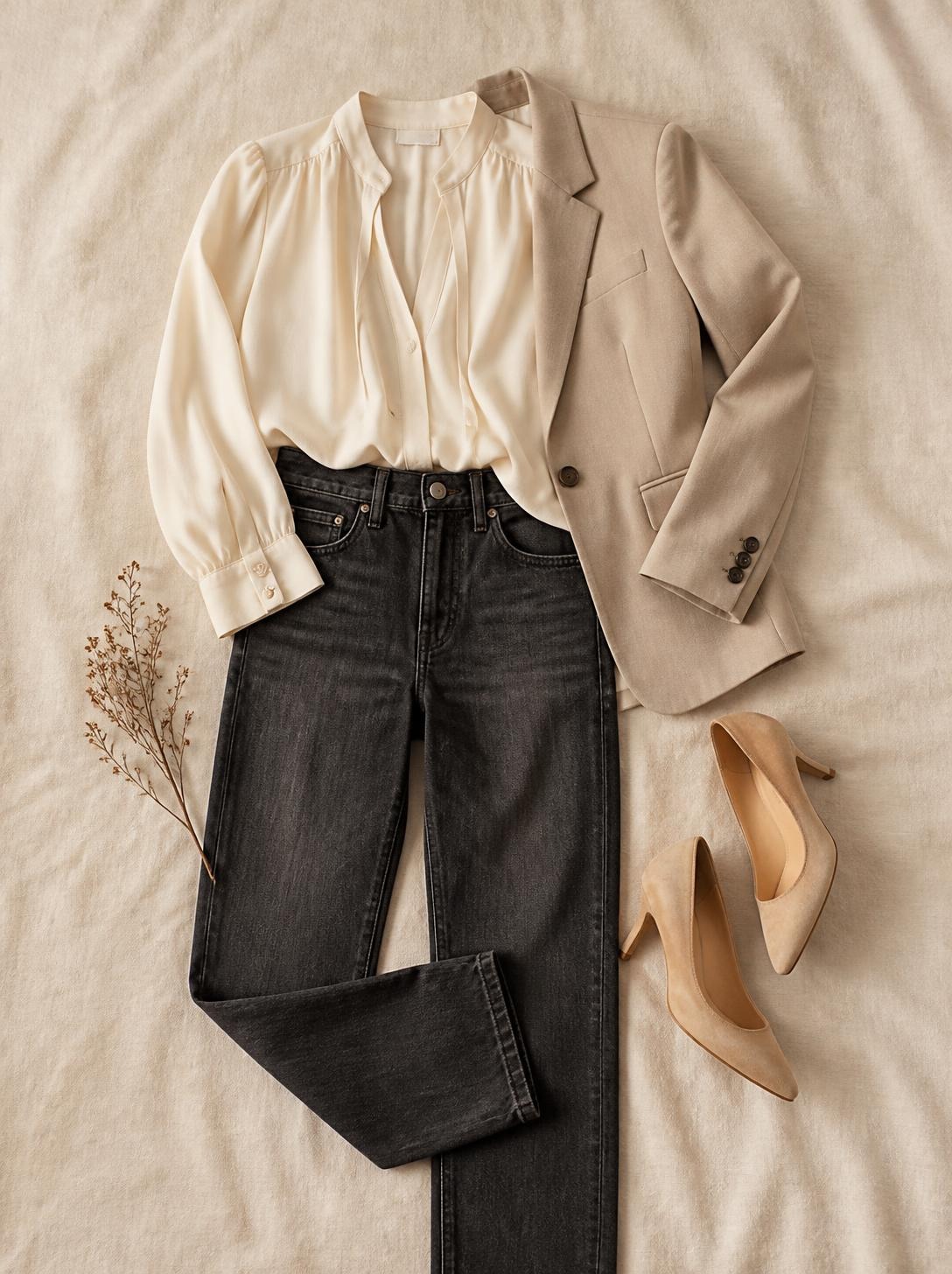 Flatlay of a soft blouse, dark straight jeans, a blazer and pumps on a warm cream linen surface
