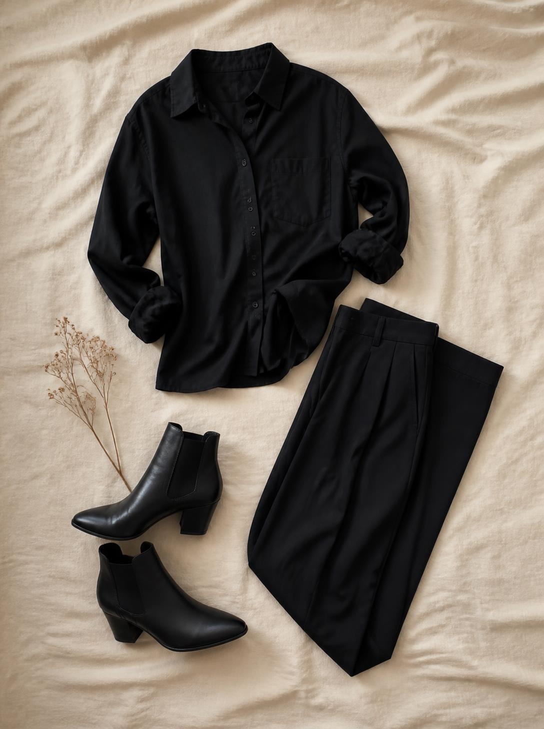 Flatlay of a black shirt, black trousers and black ankle boots on a warm cream linen surface