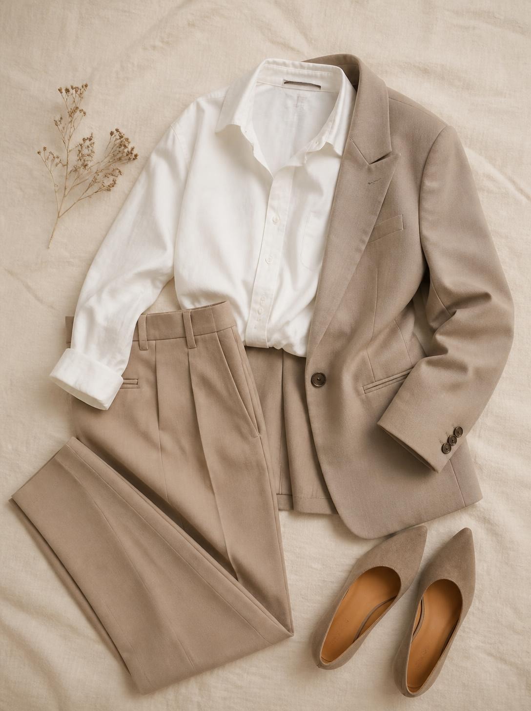 Flatlay of tailored trousers, a white shirt, a blazer and pointed flats on a warm cream linen surface