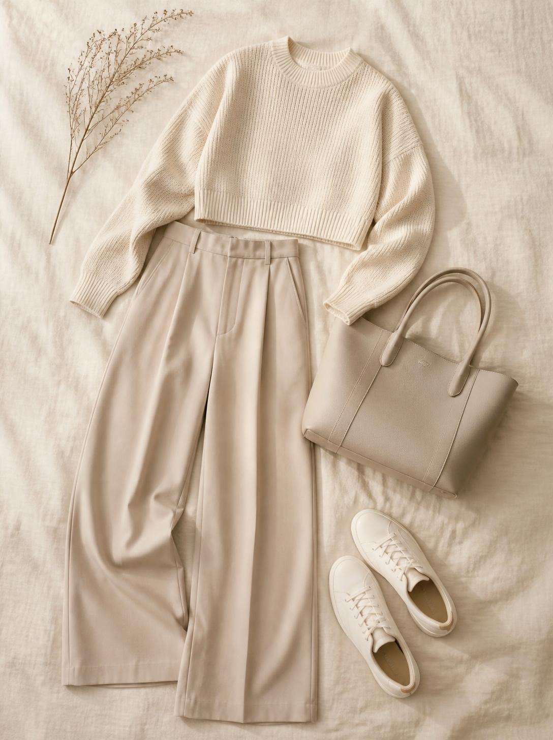 Flatlay of wide-leg trousers, a cropped knit, white sneakers and a tote bag on a warm cream linen surface