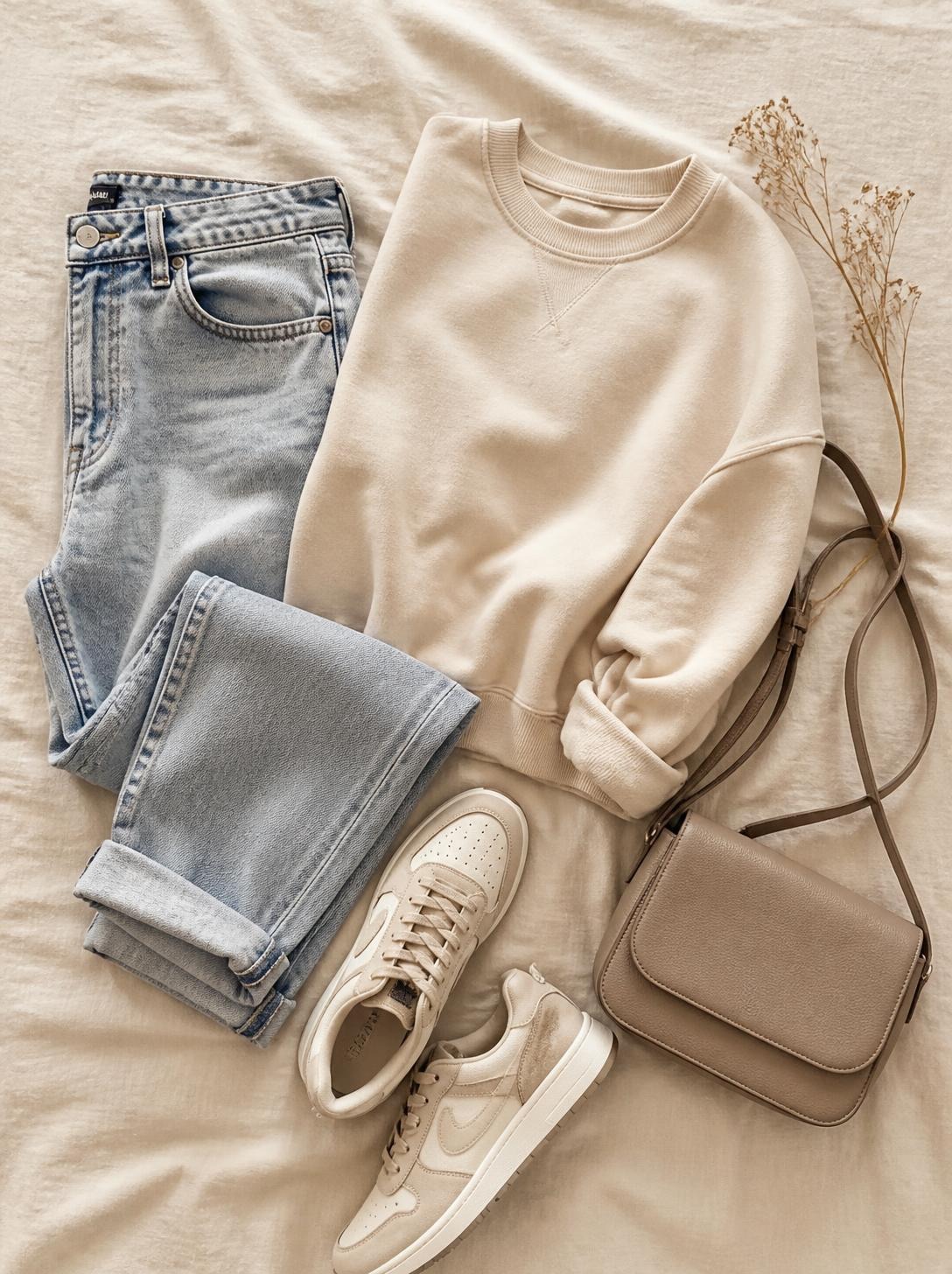 Flatlay of comfortable jeans, a sweatshirt, sneakers and a crossbody bag on a warm cream linen surface