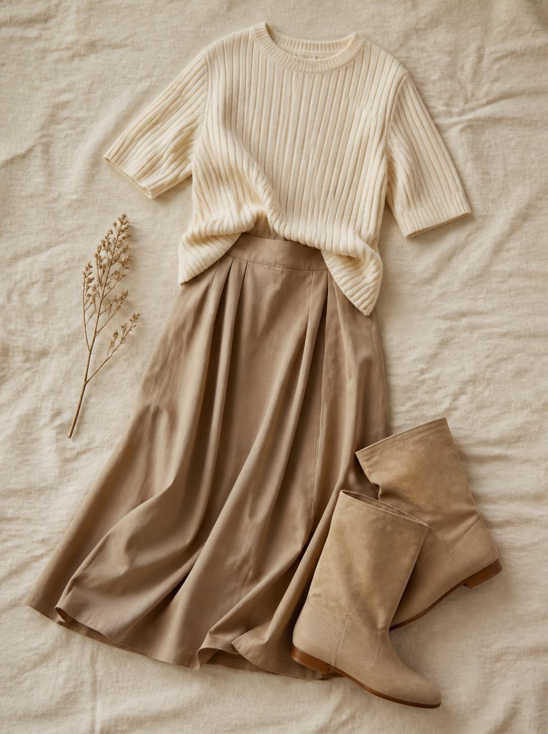 Flatlay of a midi skirt, a knit top and flat boots on a warm cream linen surface