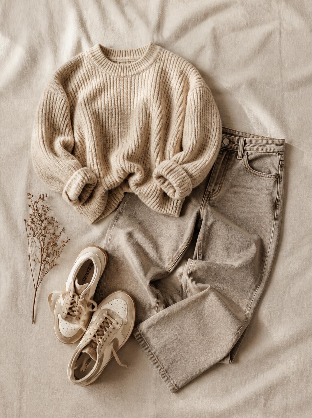 Flatlay of a relaxed knit, straight jeans and sneakers on a warm cream linen surface