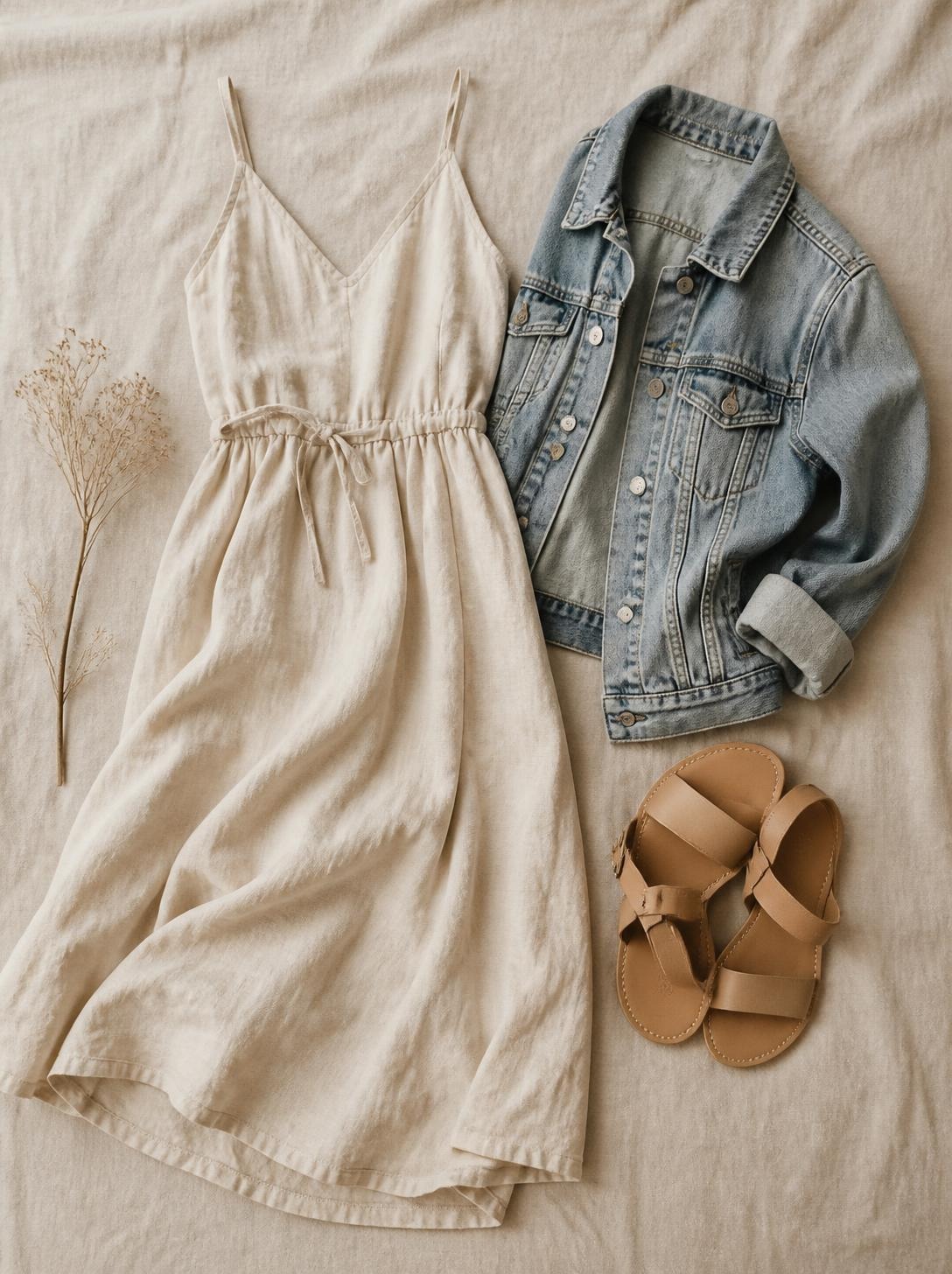 Flatlay of a linen dress, a denim jacket and sandals on a warm cream linen surface